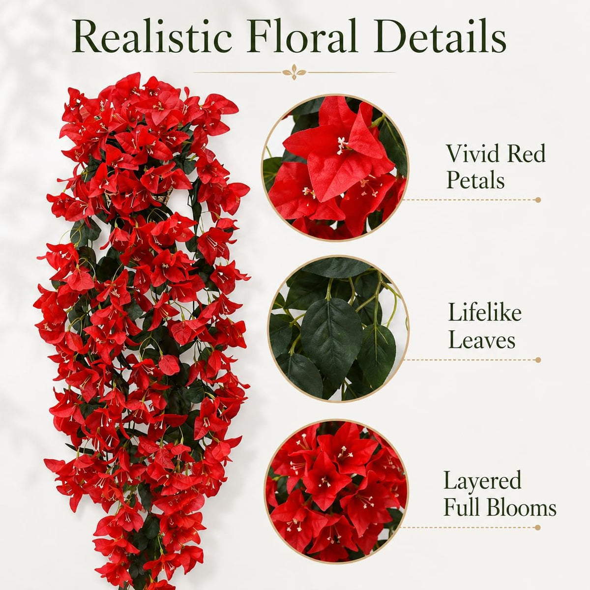 4Pcs 27.5 Inch Red Artificial Bougainvillea Flower Garlands – Silk Fake Vines with 156 Flowers and 48 Leaves, Realistic Artificial Flowers with Stems for Indoor and Outdoor