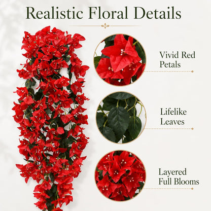 4Pcs 27.5 Inch Red Artificial Bougainvillea Flower Garlands – Silk Fake Vines with 156 Flowers and 48 Leaves, Realistic Artificial Flowers with Stems for Indoor and Outdoor