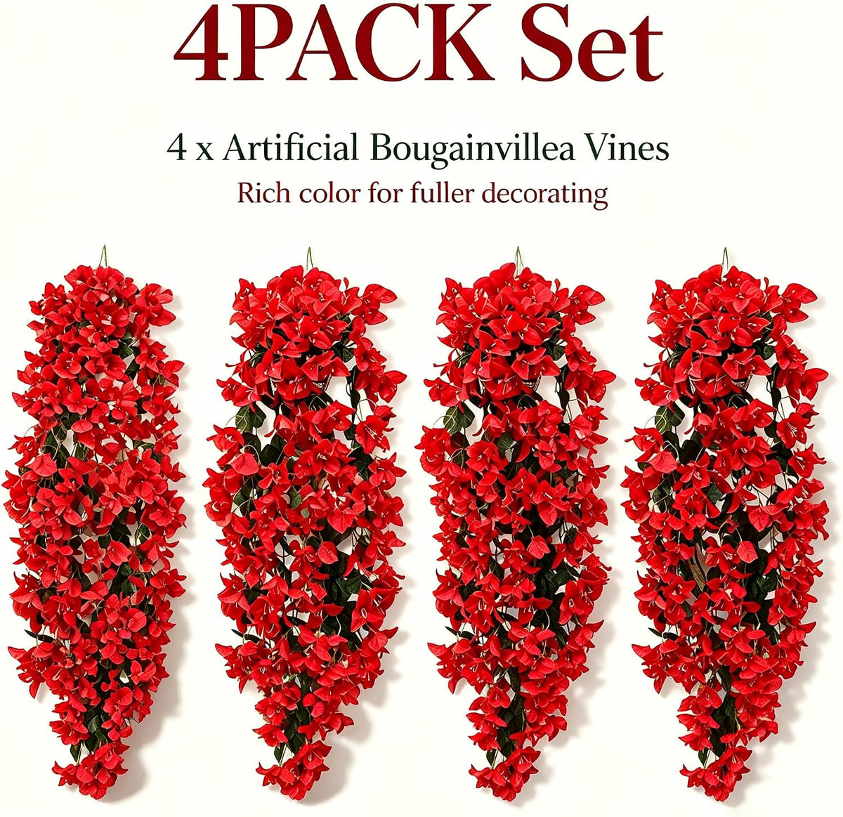 4Pcs 27.5 Inch Red Artificial Bougainvillea Flower Garlands – Silk Fake Vines with 156 Flowers and 48 Leaves, Realistic Artificial Flowers with Stems for Indoor and Outdoor