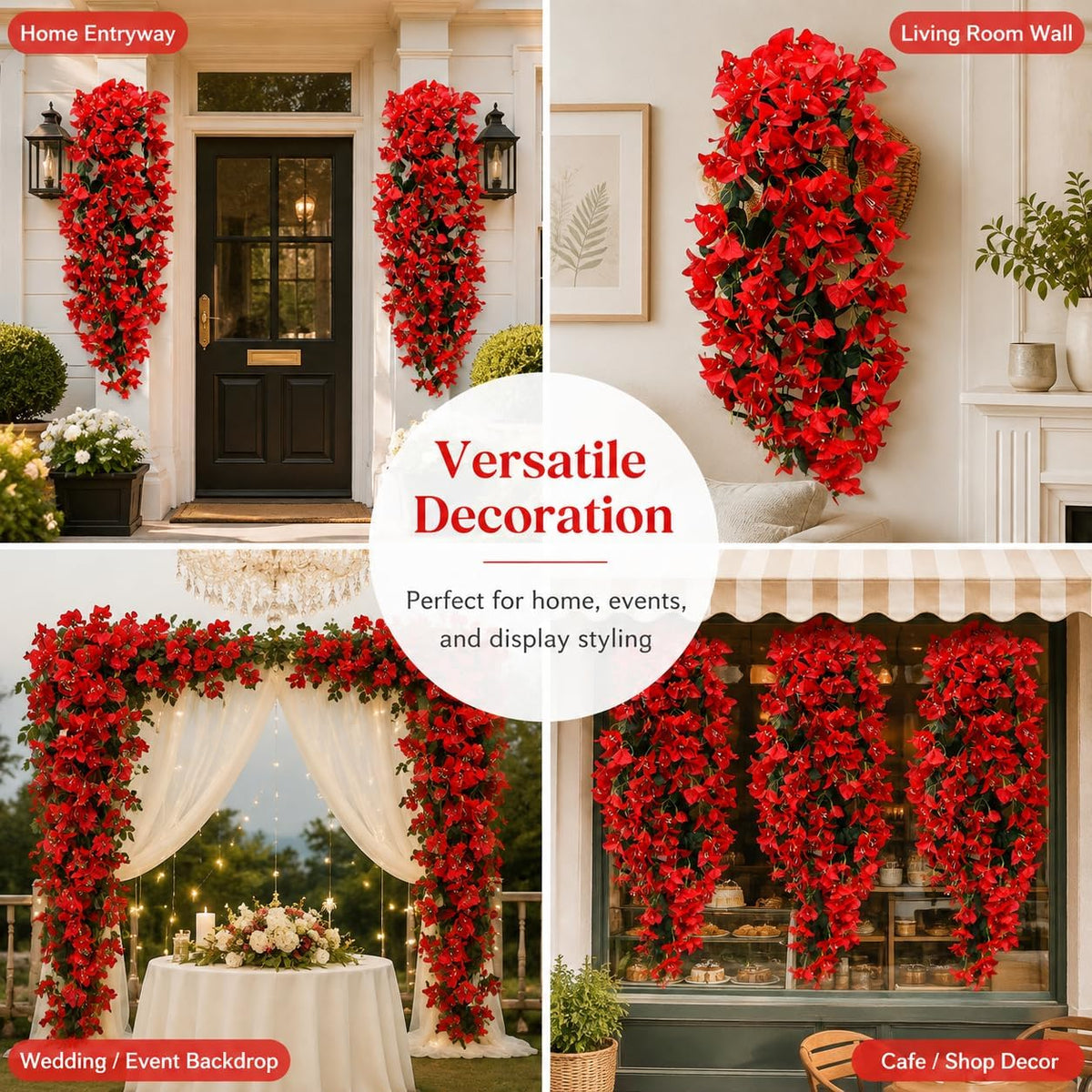 4Pcs 27.5 Inch Red Artificial Bougainvillea Flower Garlands – Silk Fake Vines with 156 Flowers and 48 Leaves, Realistic Artificial Flowers with Stems for Indoor and Outdoor