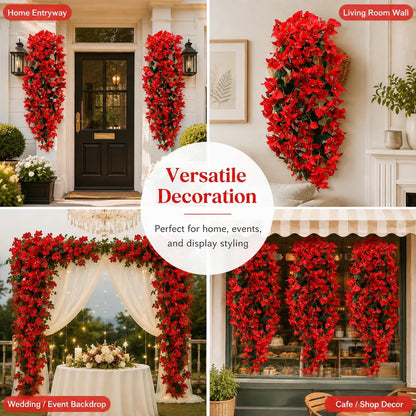 4Pcs 27.5 Inch Red Artificial Bougainvillea Flower Garlands – Silk Fake Vines with 156 Flowers and 48 Leaves, Realistic Artificial Flowers with Stems for Indoor and Outdoor