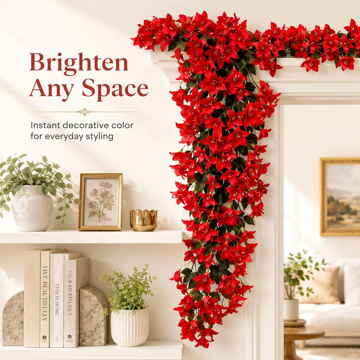4Pcs 27.5 Inch Red Artificial Bougainvillea Flower Garlands – Silk Fake Vines with 156 Flowers and 48 Leaves, Realistic Artificial Flowers with Stems for Indoor and Outdoor