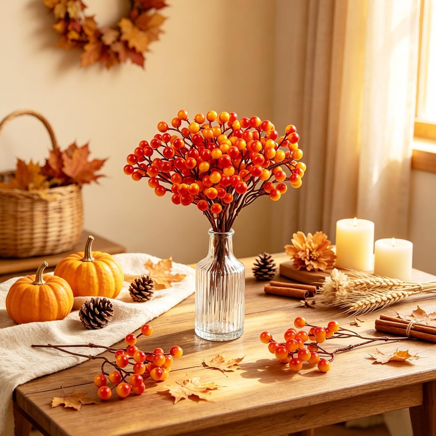 20 Pack 7 Inch Fall Artificial Orange Berry Stems Orange Berries Picks Holly Berry Branches Decorations for Tree Ornaments Fall Bouquets Wreath DIY Crafts Thanksgiving Harvest Autumn Home Decor