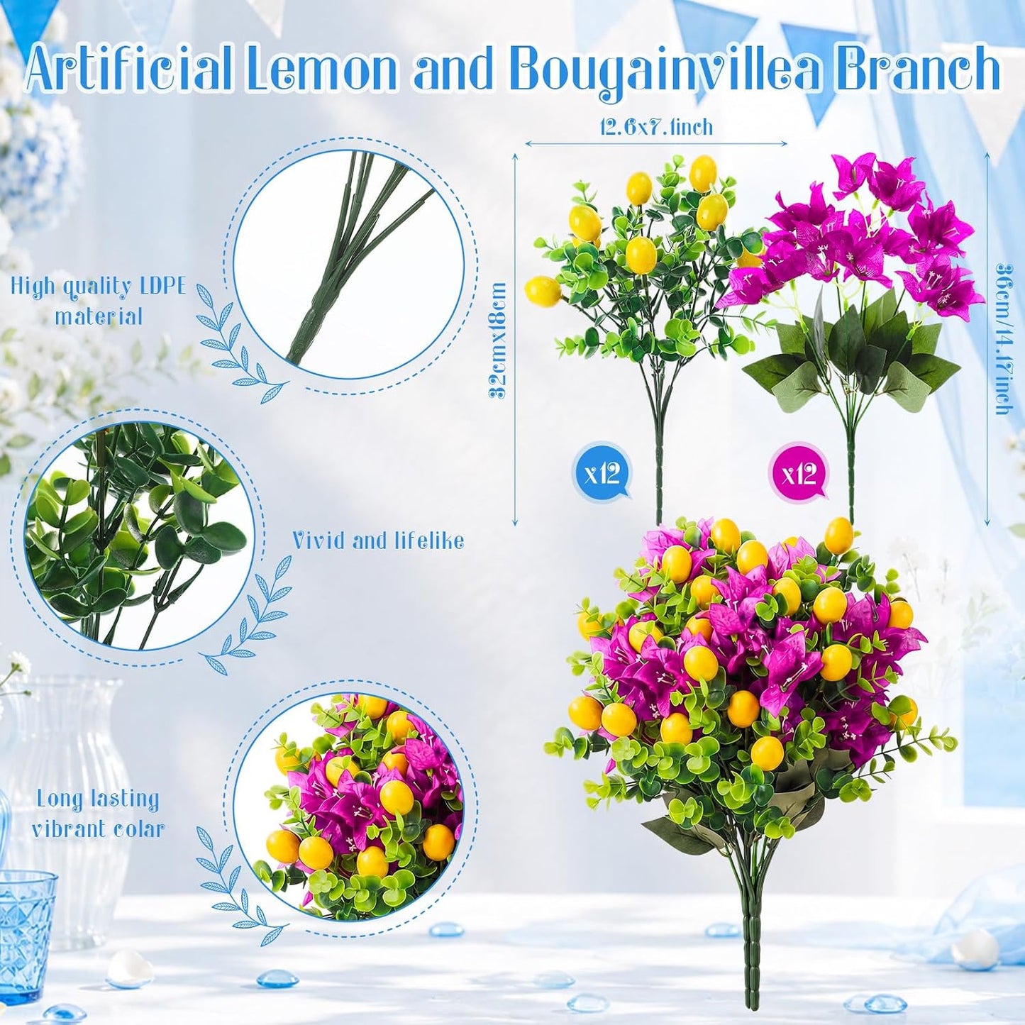 12 Pack Lemon for Decoration Fake Lemon Branches Artificial Vivid Yellow Faux Lemons Tables Centerpiece for Kitchen Stem Fruits for Home Spring Summer Decor