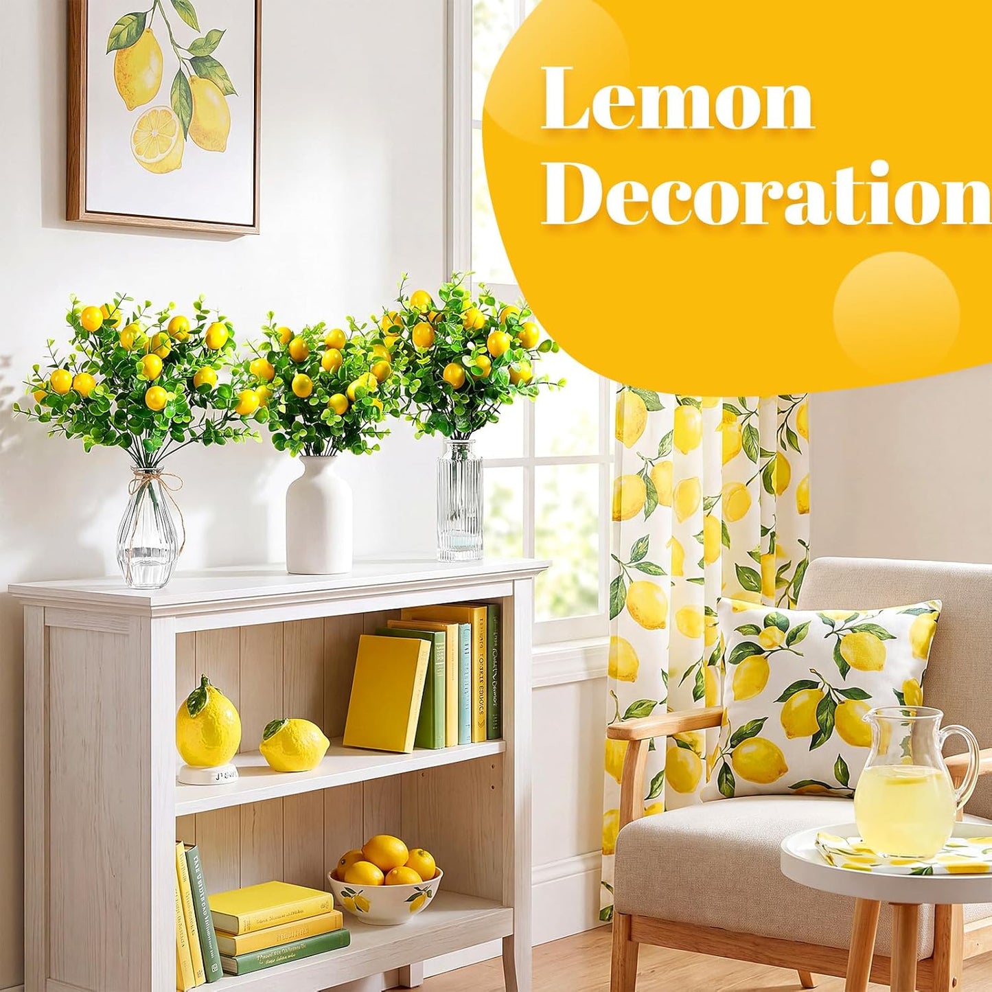 12 Pack Lemon for Decoration Fake Lemon Branches Artificial Vivid Yellow Faux Lemons Tables Centerpiece for Kitchen Stem Fruits for Home Spring Summer Decor
