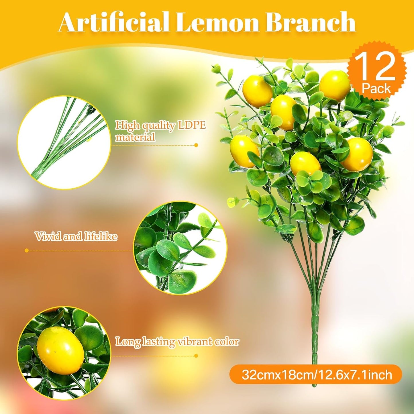 12 Pack Lemon for Decoration Fake Lemon Branches Artificial Vivid Yellow Faux Lemons Tables Centerpiece for Kitchen Stem Fruits for Home Spring Summer Decor