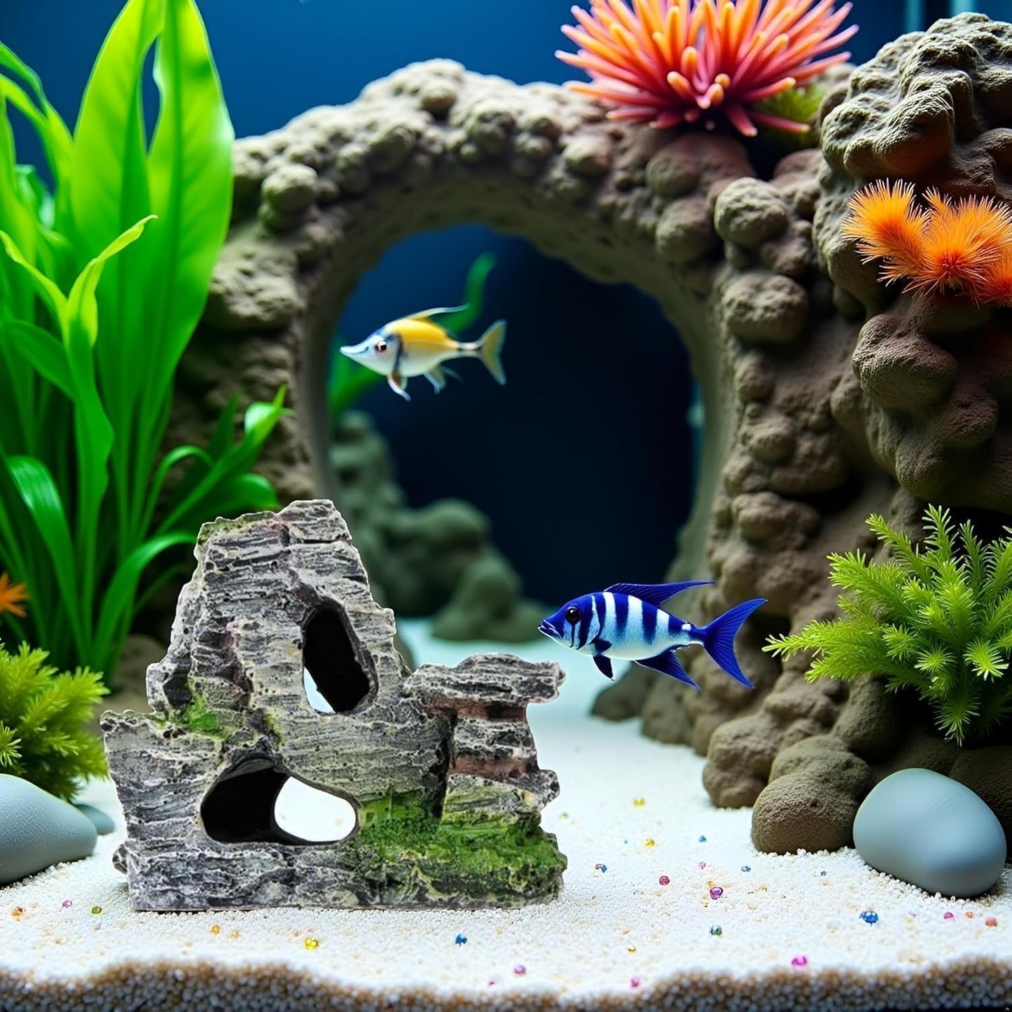 Resin Aquarium Mountain Decor with Moss Rock Cave - Multi-Level Terrain for Fish Tank Landscaping, Natural-Looking Rockery Design with Hidden Cave and Crevices for Shrimp, Reptile Habitat Aquascaping