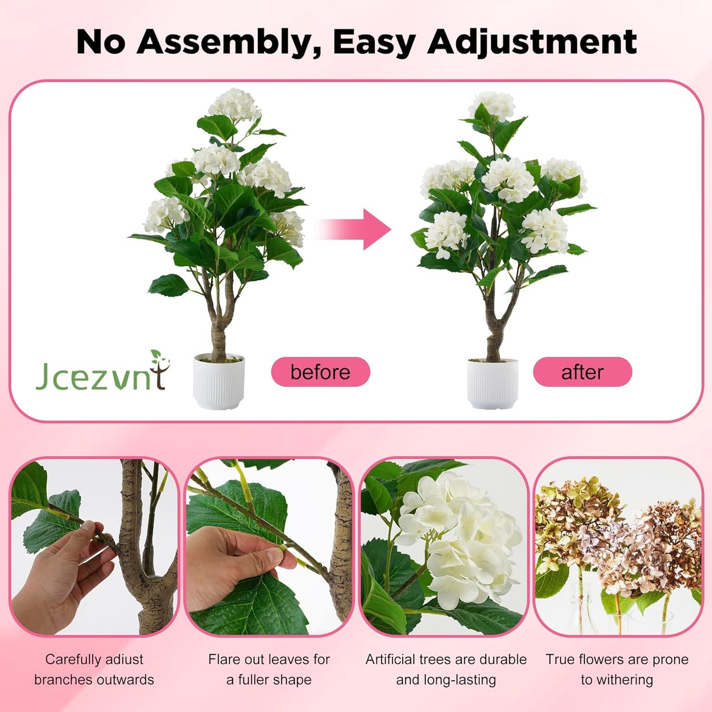 2 Pack Artificial Camellia Tree with White Pot, 38" Faux Potted Plants for Indoor Outdoor Decor, Tall Silk Greenery Plant for Home Offce Living Room Balcony, Pink