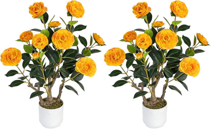 2 Pack Artificial Camellia Tree with White Pot, 38" Faux Potted Plants for Indoor Outdoor Decor, Tall Silk Greenery Plant for Home Offce Living Room Balcony, Pink