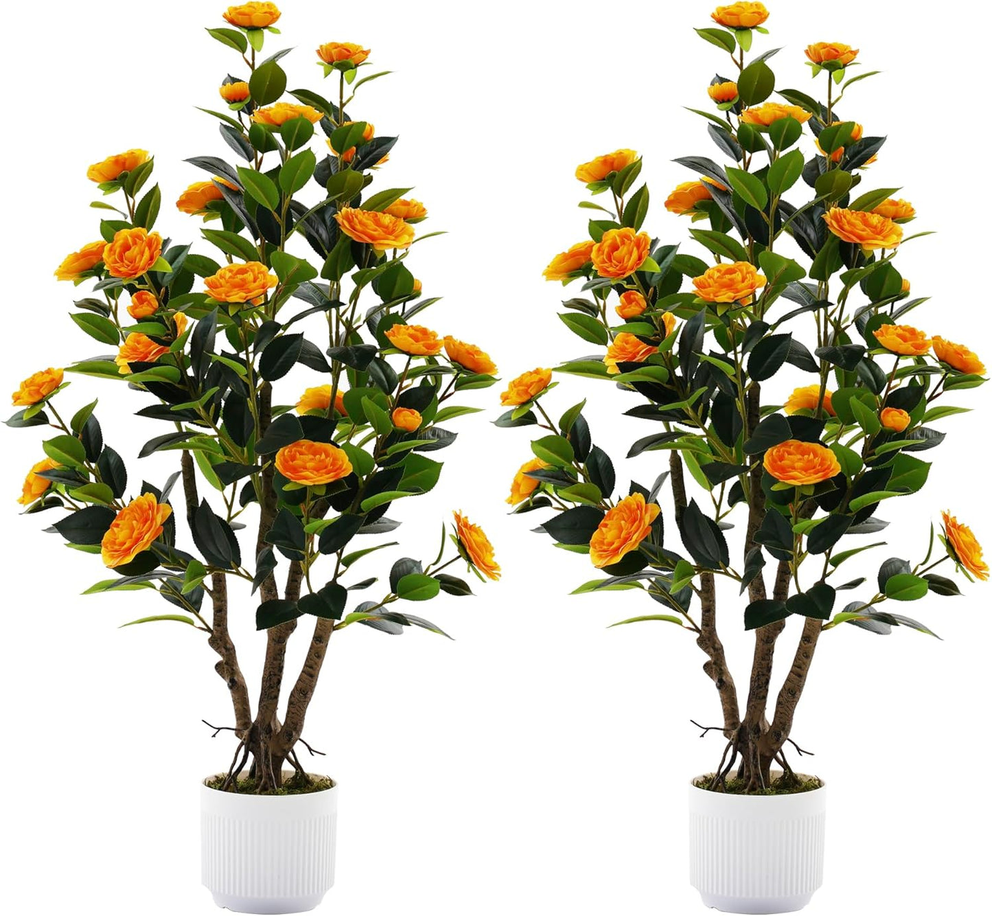 2 Pack Artificial Camellia Tree with White Pot, 38" Faux Potted Plants for Indoor Outdoor Decor, Tall Silk Greenery Plant for Home Offce Living Room Balcony, Pink