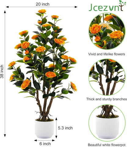 2 Pack Artificial Camellia Tree with White Pot, 38" Faux Potted Plants for Indoor Outdoor Decor, Tall Silk Greenery Plant for Home Offce Living Room Balcony, Pink