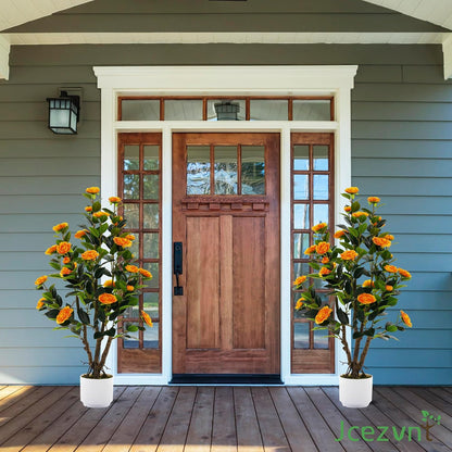 2 Pack Artificial Camellia Tree with White Pot, 38" Faux Potted Plants for Indoor Outdoor Decor, Tall Silk Greenery Plant for Home Offce Living Room Balcony, Pink