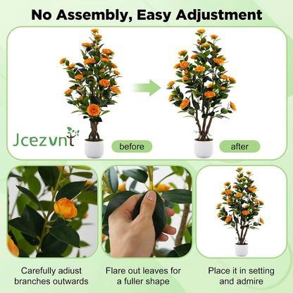 2 Pack Artificial Camellia Tree with White Pot, 38" Faux Potted Plants for Indoor Outdoor Decor, Tall Silk Greenery Plant for Home Offce Living Room Balcony, Pink