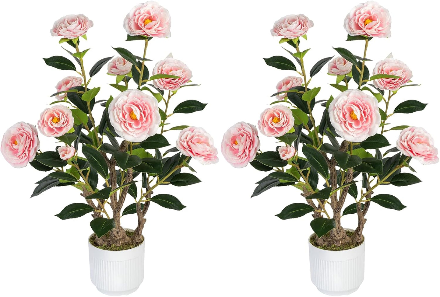 2 Pack Artificial Camellia Tree with White Pot, 38" Faux Potted Plants for Indoor Outdoor Decor, Tall Silk Greenery Plant for Home Offce Living Room Balcony, Pink