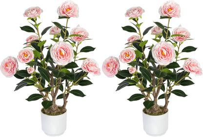2 Pack Artificial Camellia Tree with White Pot, 38" Faux Potted Plants for Indoor Outdoor Decor, Tall Silk Greenery Plant for Home Offce Living Room Balcony, Pink