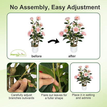 2 Pack Artificial Camellia Tree with White Pot, 38" Faux Potted Plants for Indoor Outdoor Decor, Tall Silk Greenery Plant for Home Offce Living Room Balcony, Pink