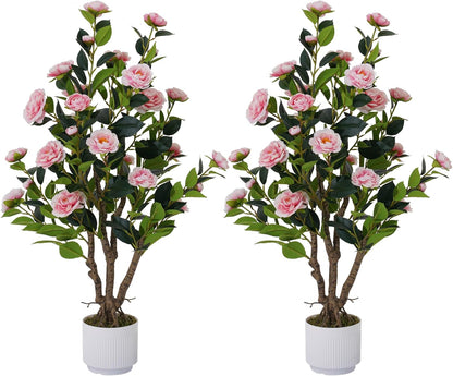 2 Pack Artificial Camellia Tree with White Pot, 38" Faux Potted Plants for Indoor Outdoor Decor, Tall Silk Greenery Plant for Home Offce Living Room Balcony, Pink