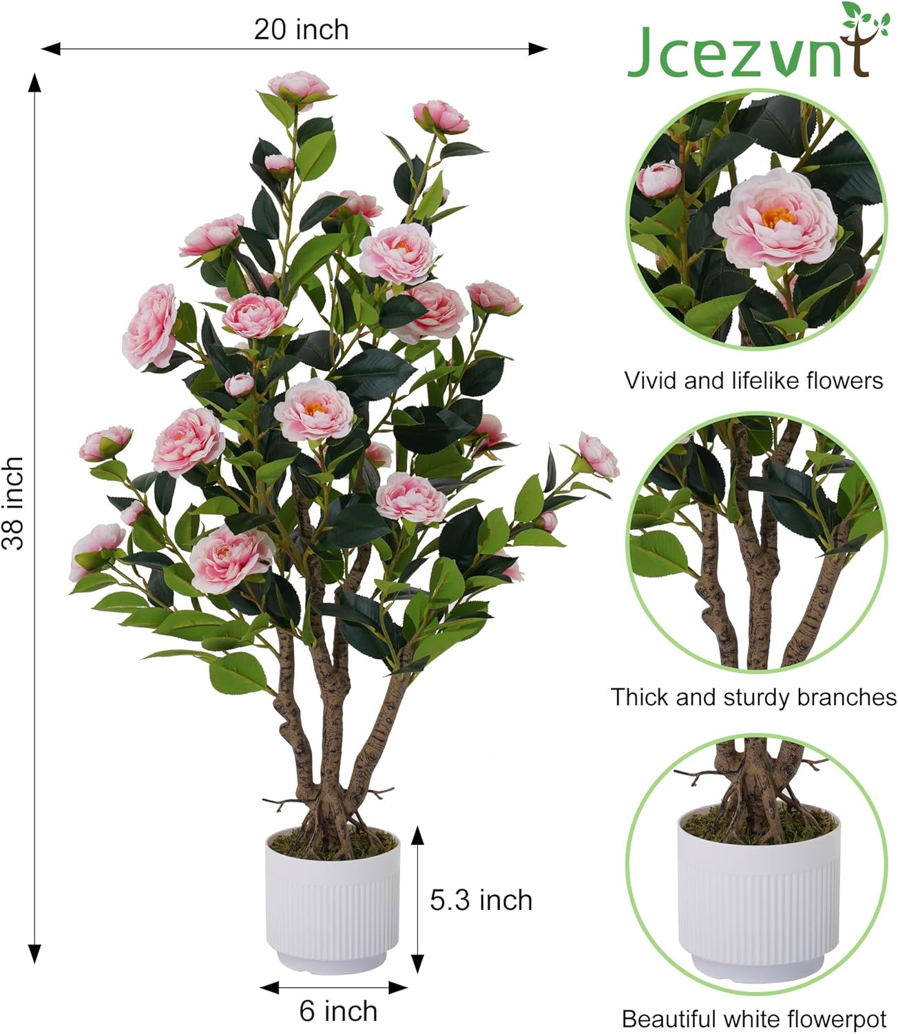 2 Pack Artificial Camellia Tree with White Pot, 38" Faux Potted Plants for Indoor Outdoor Decor, Tall Silk Greenery Plant for Home Offce Living Room Balcony, Pink