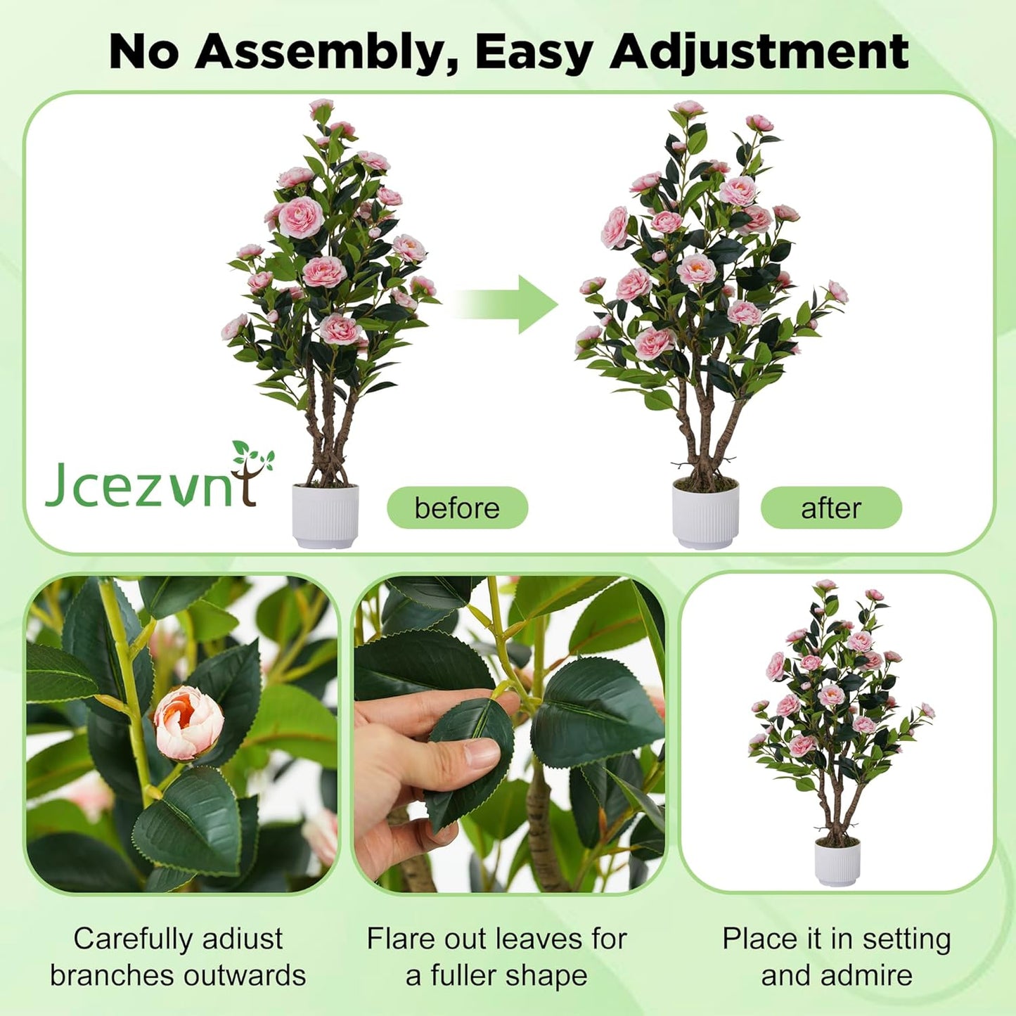 2 Pack Artificial Camellia Tree with White Pot, 38" Faux Potted Plants for Indoor Outdoor Decor, Tall Silk Greenery Plant for Home Offce Living Room Balcony, Pink
