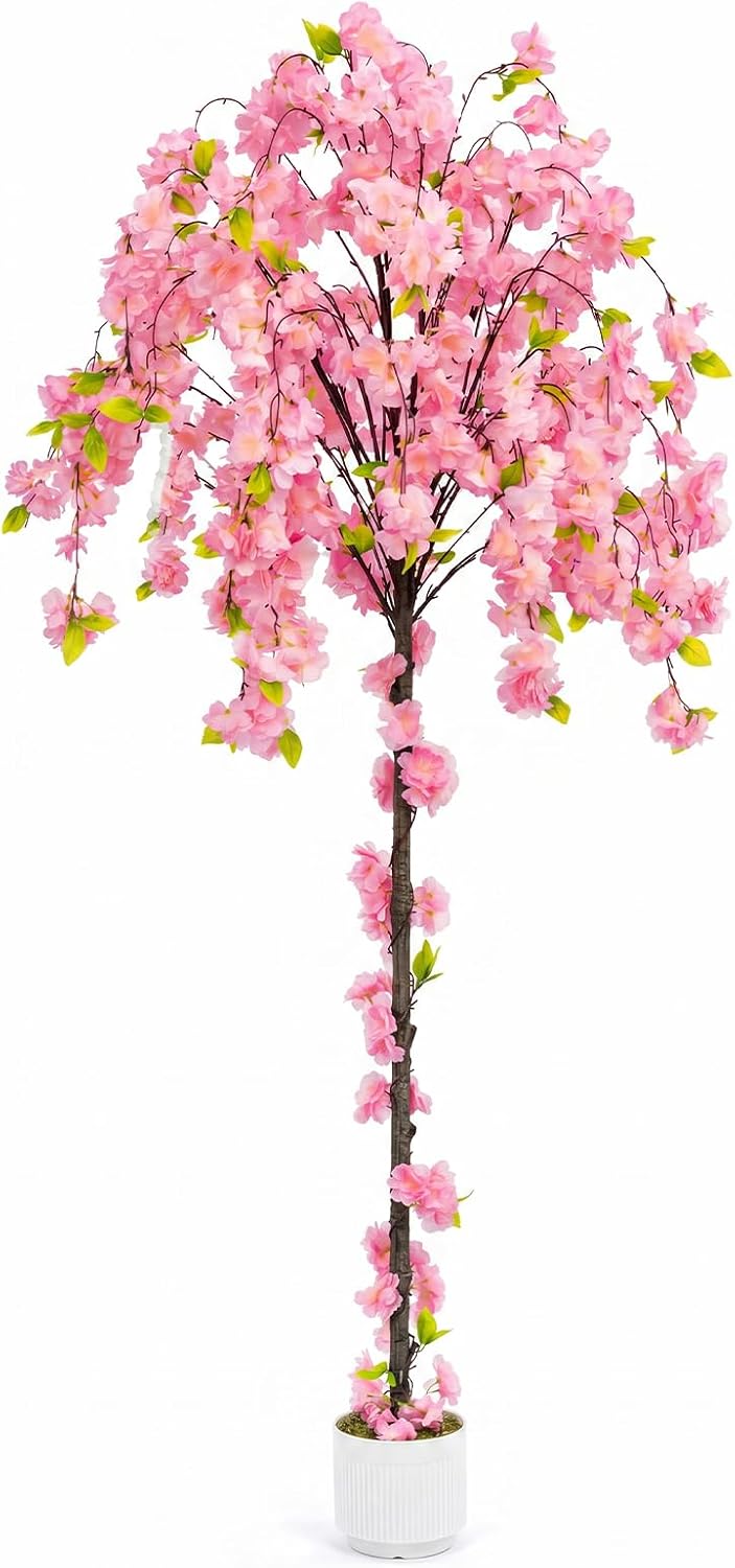 2 Pack Artificial Camellia Tree with White Pot, 38" Faux Potted Plants for Indoor Outdoor Decor, Tall Silk Greenery Plant for Home Offce Living Room Balcony, Pink