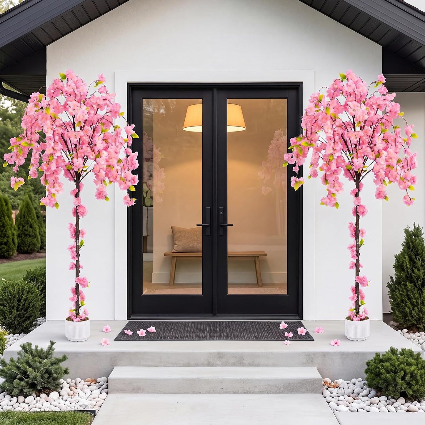 2 Pack Artificial Camellia Tree with White Pot, 38" Faux Potted Plants for Indoor Outdoor Decor, Tall Silk Greenery Plant for Home Offce Living Room Balcony, Pink