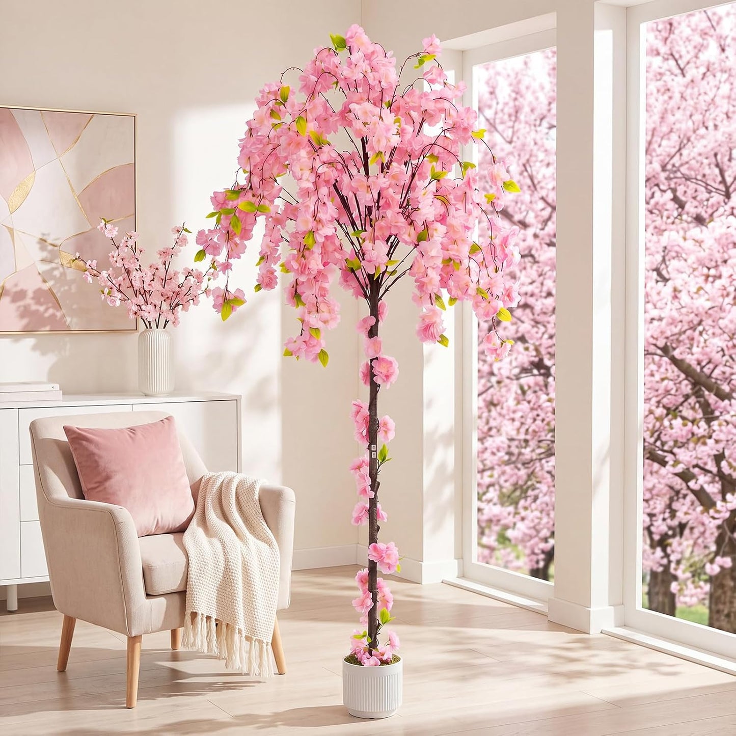 2 Pack Artificial Camellia Tree with White Pot, 38" Faux Potted Plants for Indoor Outdoor Decor, Tall Silk Greenery Plant for Home Offce Living Room Balcony, Pink
