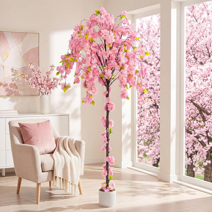 2 Pack Artificial Camellia Tree with White Pot, 38" Faux Potted Plants for Indoor Outdoor Decor, Tall Silk Greenery Plant for Home Offce Living Room Balcony, Pink