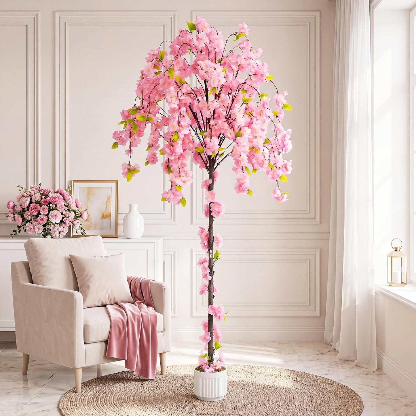 2 Pack Artificial Camellia Tree with White Pot, 38" Faux Potted Plants for Indoor Outdoor Decor, Tall Silk Greenery Plant for Home Offce Living Room Balcony, Pink