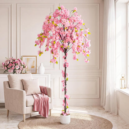 2 Pack Artificial Camellia Tree with White Pot, 38" Faux Potted Plants for Indoor Outdoor Decor, Tall Silk Greenery Plant for Home Offce Living Room Balcony, Pink