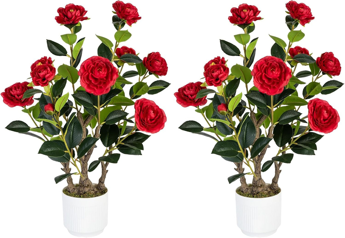 2 Pack Artificial Camellia Tree with White Pot, 38" Faux Potted Plants for Indoor Outdoor Decor, Tall Silk Greenery Plant for Home Offce Living Room Balcony, Pink