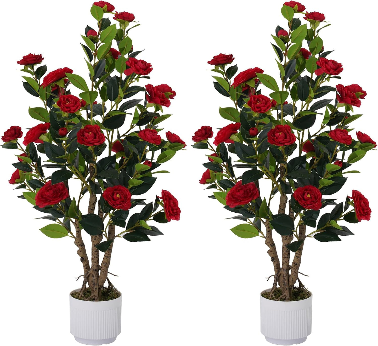 2 Pack Artificial Camellia Tree with White Pot, 38" Faux Potted Plants for Indoor Outdoor Decor, Tall Silk Greenery Plant for Home Offce Living Room Balcony, Pink