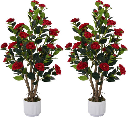 2 Pack Artificial Camellia Tree with White Pot, 38" Faux Potted Plants for Indoor Outdoor Decor, Tall Silk Greenery Plant for Home Offce Living Room Balcony, Pink