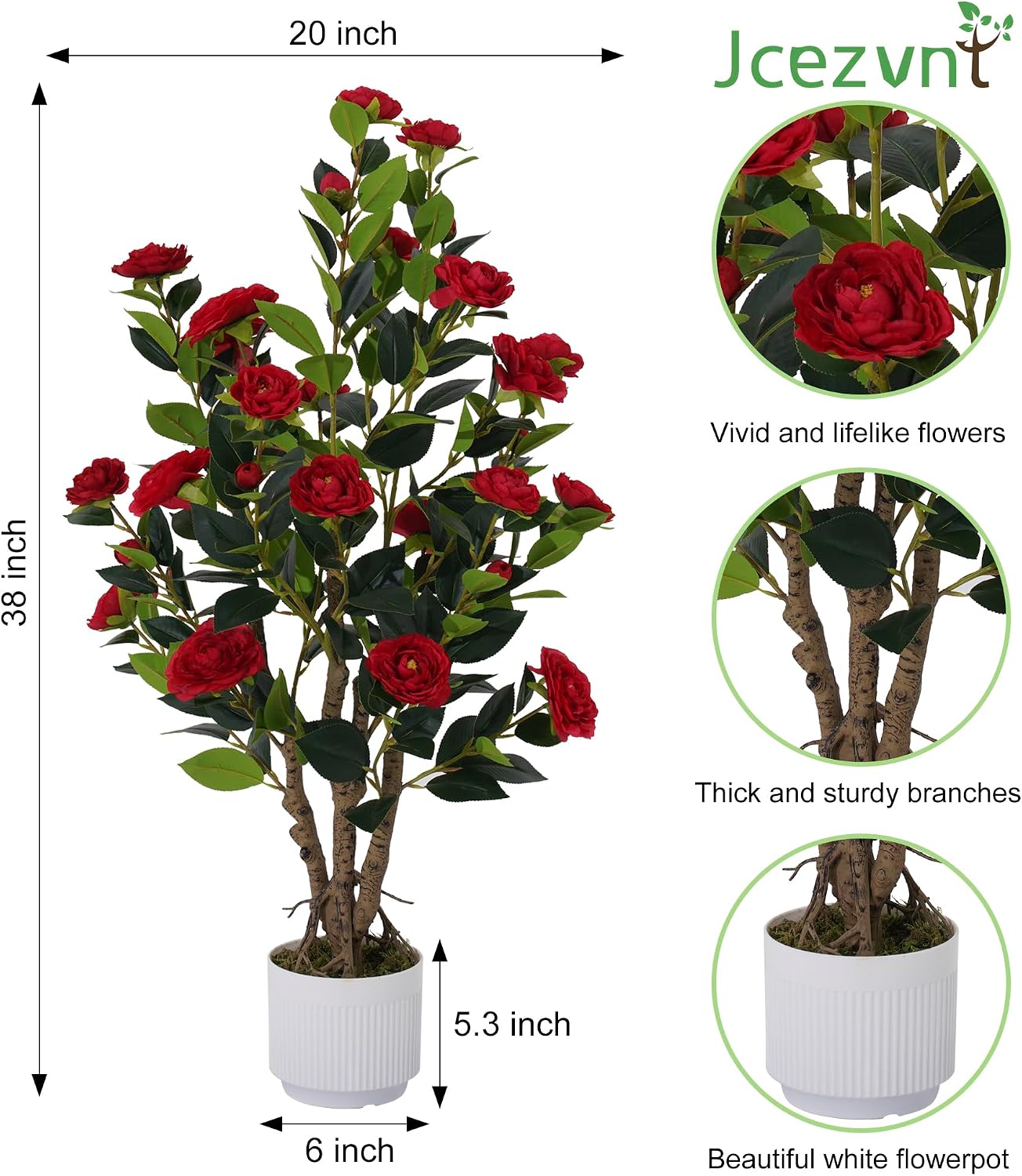 2 Pack Artificial Camellia Tree with White Pot, 38" Faux Potted Plants for Indoor Outdoor Decor, Tall Silk Greenery Plant for Home Offce Living Room Balcony, Pink