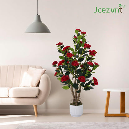 2 Pack Artificial Camellia Tree with White Pot, 38" Faux Potted Plants for Indoor Outdoor Decor, Tall Silk Greenery Plant for Home Offce Living Room Balcony, Pink