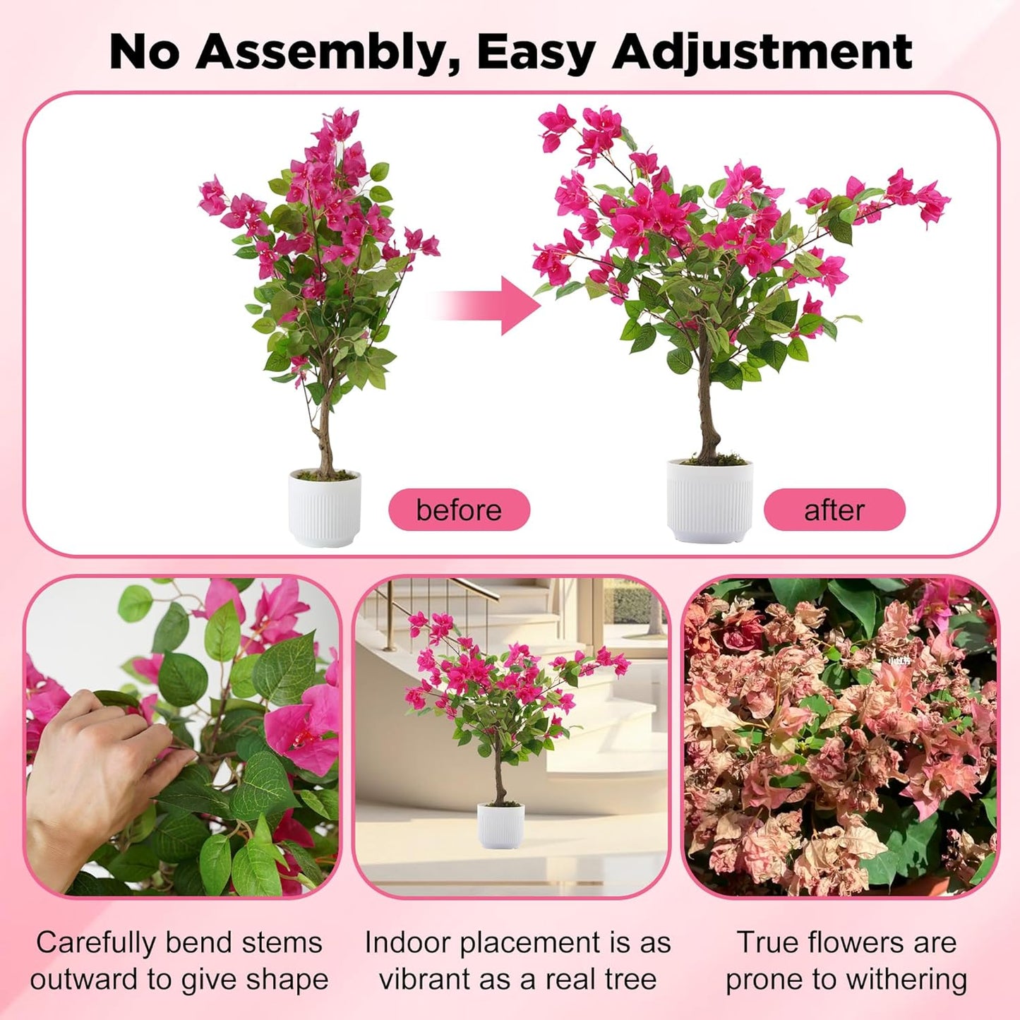 2 Pack Artificial Camellia Tree with White Pot, 38" Faux Potted Plants for Indoor Outdoor Decor, Tall Silk Greenery Plant for Home Offce Living Room Balcony, Pink
