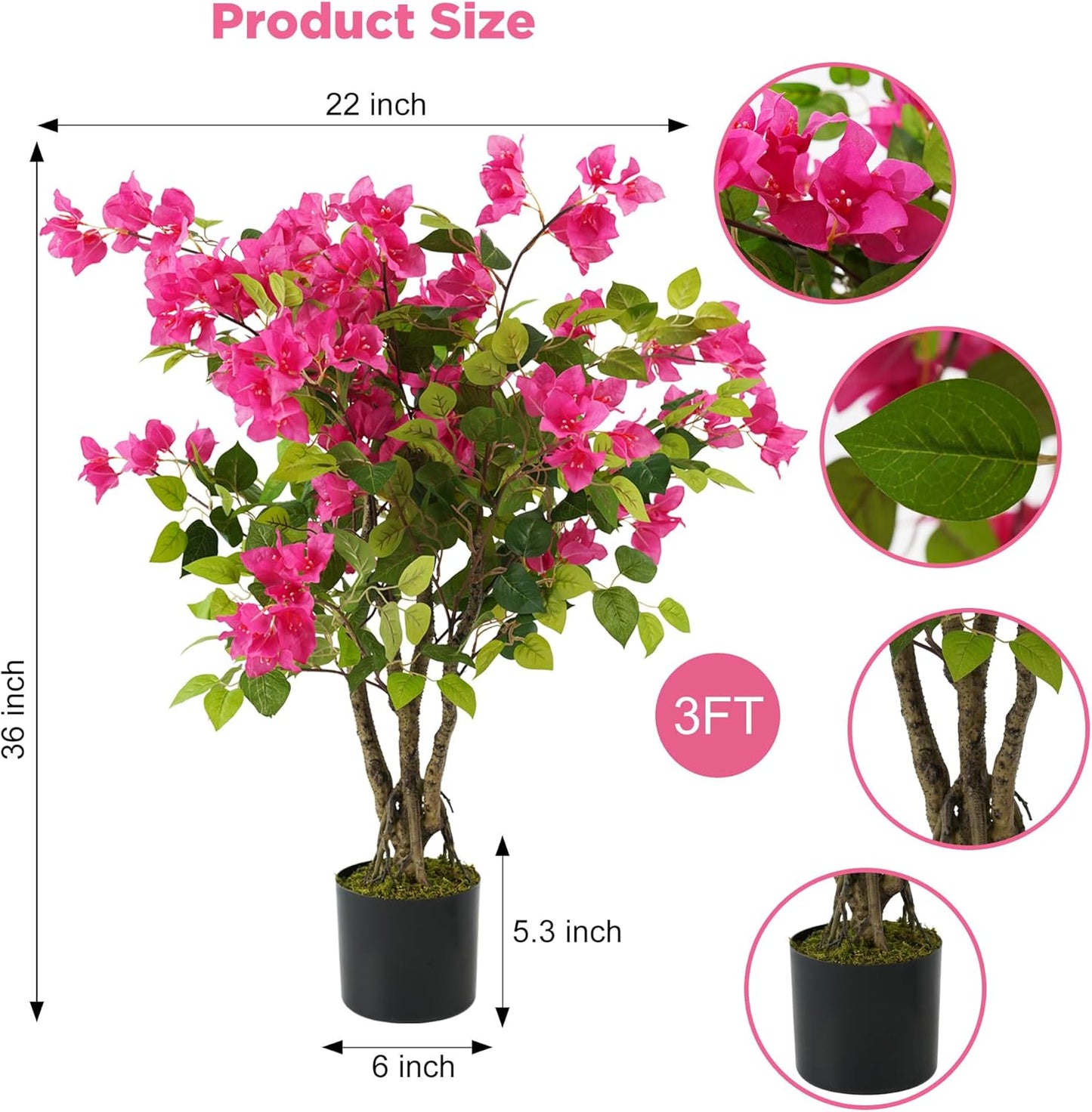 2 Pack Artificial Camellia Tree with White Pot, 38" Faux Potted Plants for Indoor Outdoor Decor, Tall Silk Greenery Plant for Home Offce Living Room Balcony, Pink