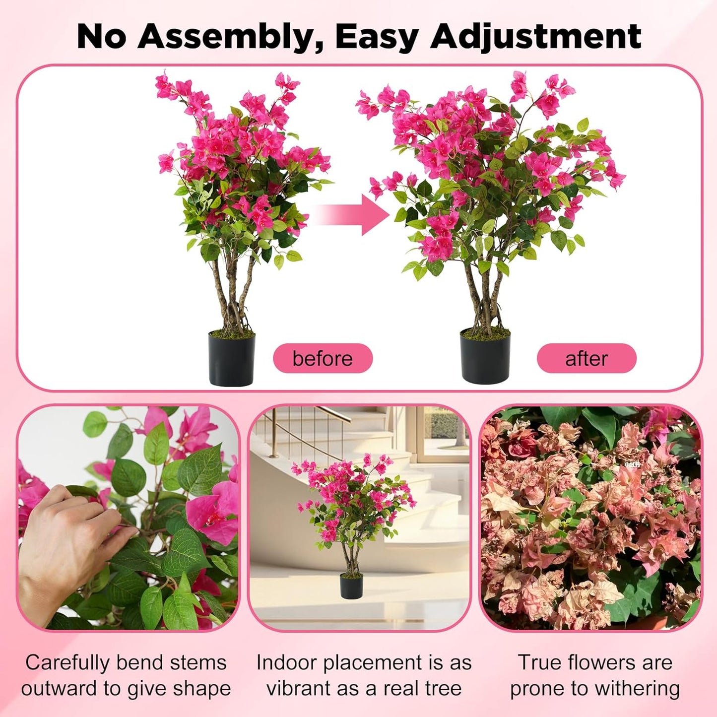2 Pack Artificial Camellia Tree with White Pot, 38" Faux Potted Plants for Indoor Outdoor Decor, Tall Silk Greenery Plant for Home Offce Living Room Balcony, Pink