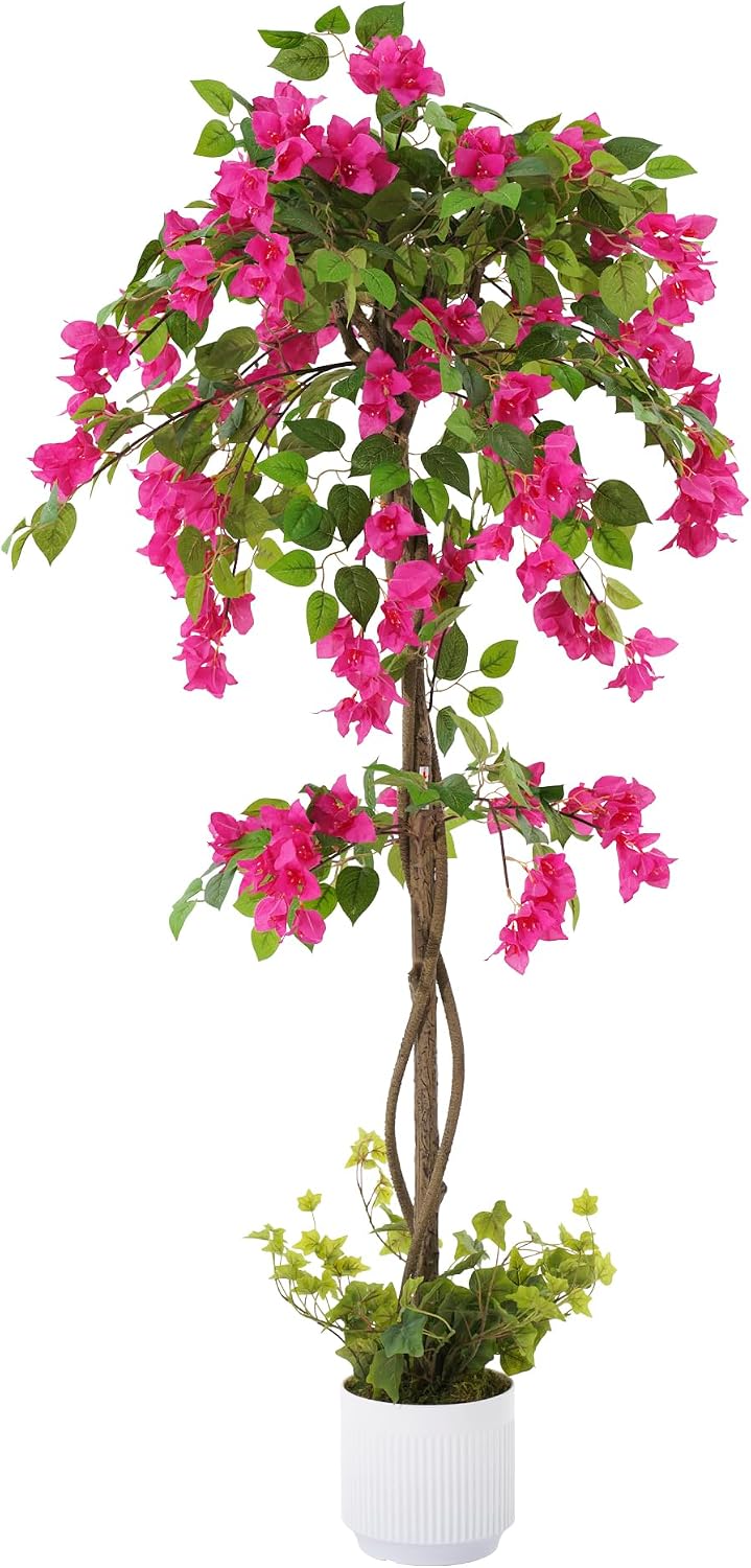 2 Pack Artificial Camellia Tree with White Pot, 38" Faux Potted Plants for Indoor Outdoor Decor, Tall Silk Greenery Plant for Home Offce Living Room Balcony, Pink