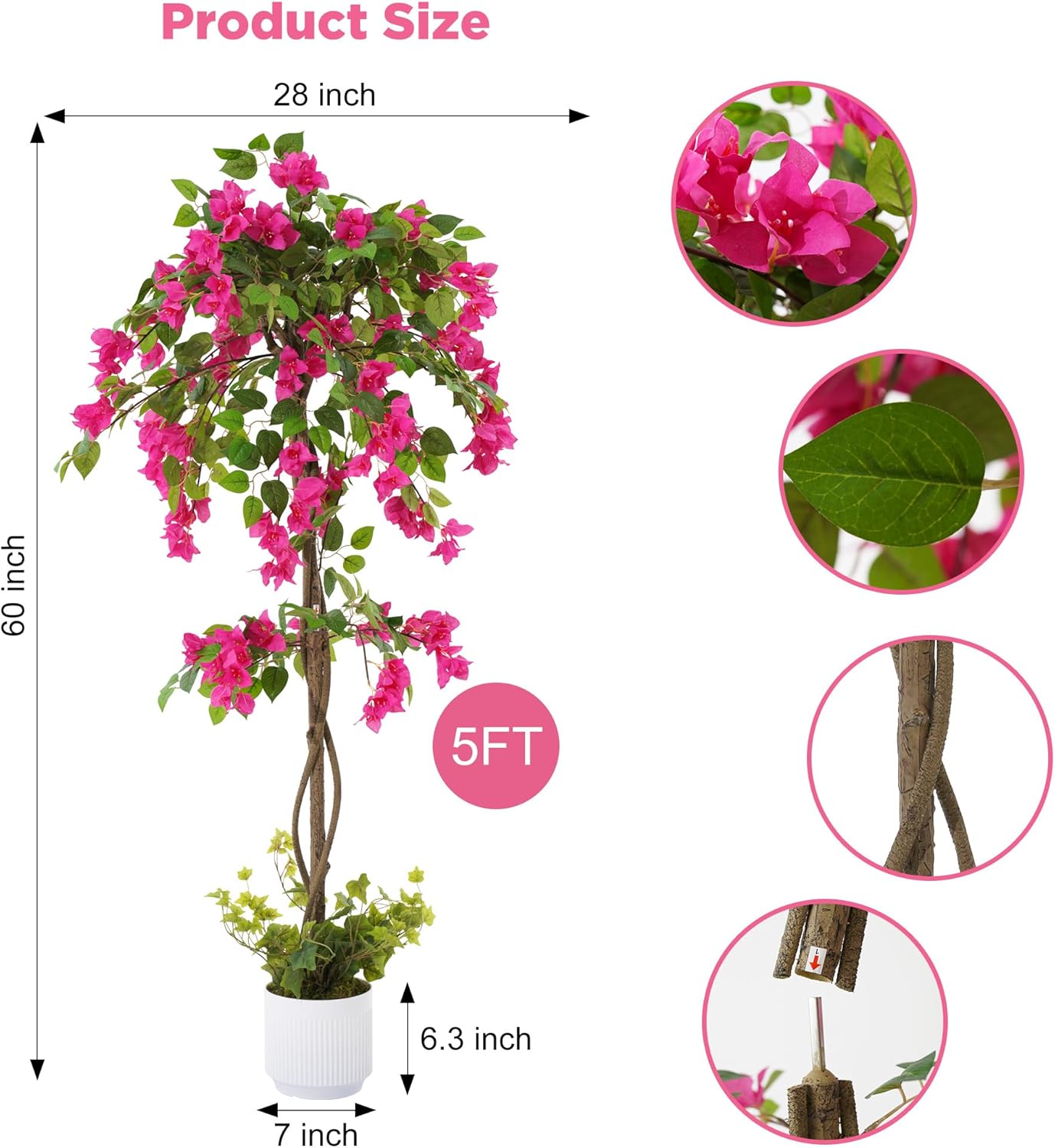 2 Pack Artificial Camellia Tree with White Pot, 38" Faux Potted Plants for Indoor Outdoor Decor, Tall Silk Greenery Plant for Home Offce Living Room Balcony, Pink