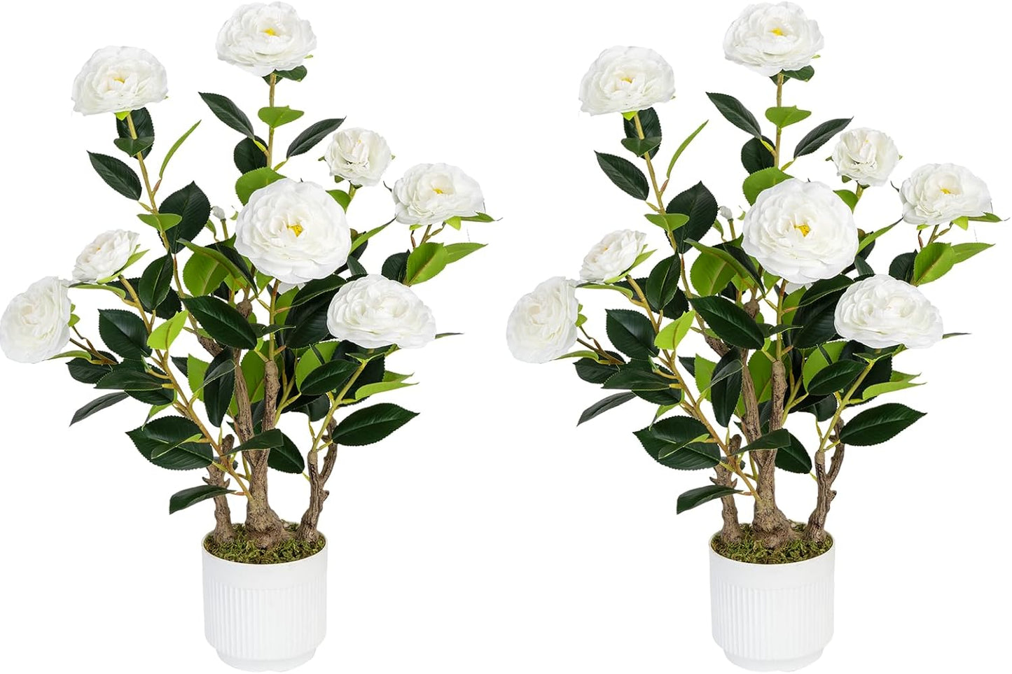 2 Pack Artificial Camellia Tree with White Pot, 38" Faux Potted Plants for Indoor Outdoor Decor, Tall Silk Greenery Plant for Home Offce Living Room Balcony, Pink