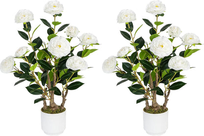 2 Pack Artificial Camellia Tree with White Pot, 38" Faux Potted Plants for Indoor Outdoor Decor, Tall Silk Greenery Plant for Home Offce Living Room Balcony, Pink