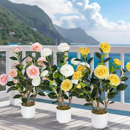2 Pack Artificial Camellia Tree with White Pot, 38" Faux Potted Plants for Indoor Outdoor Decor, Tall Silk Greenery Plant for Home Offce Living Room Balcony, Pink