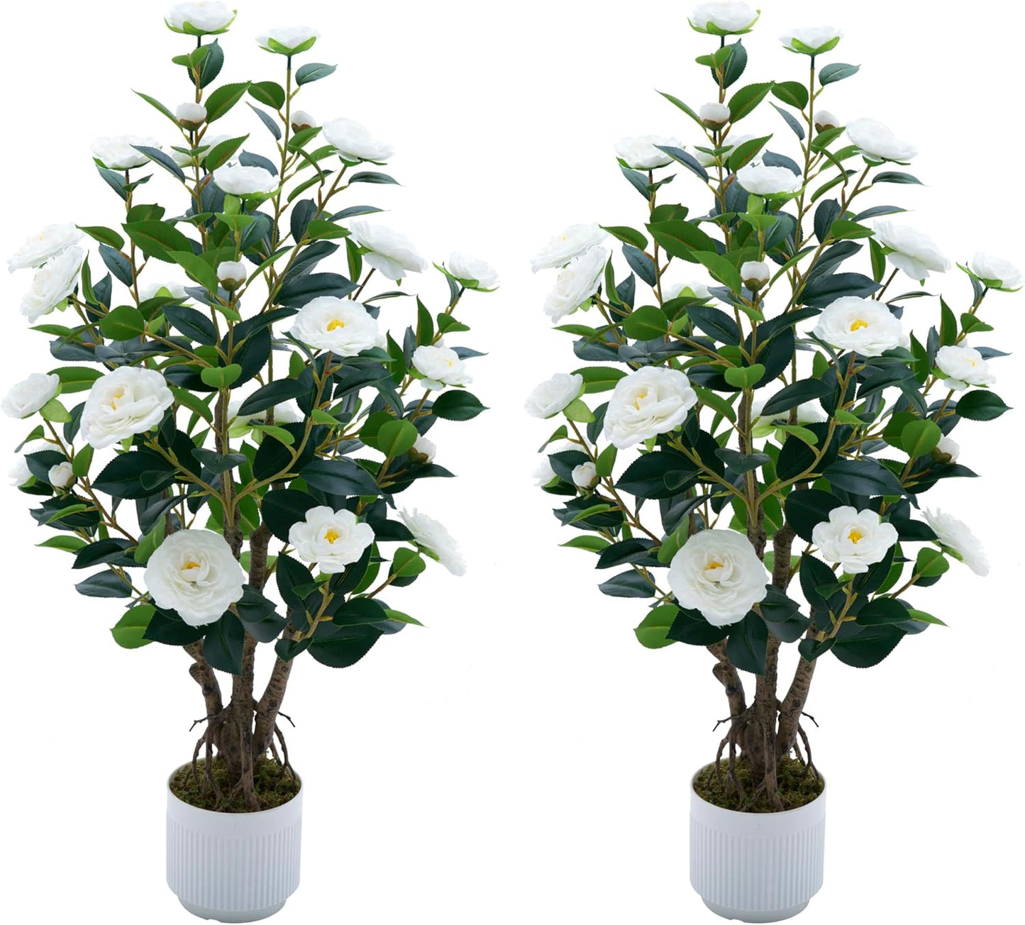 2 Pack Artificial Camellia Tree with White Pot, 38" Faux Potted Plants for Indoor Outdoor Decor, Tall Silk Greenery Plant for Home Offce Living Room Balcony, Pink