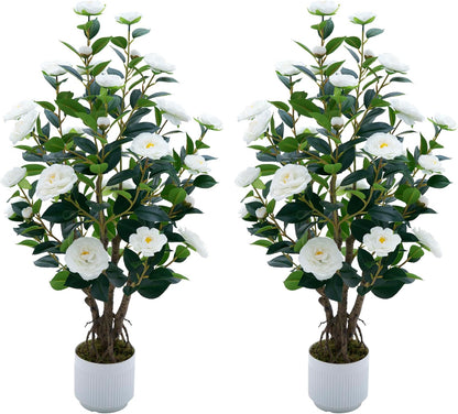 2 Pack Artificial Camellia Tree with White Pot, 38" Faux Potted Plants for Indoor Outdoor Decor, Tall Silk Greenery Plant for Home Offce Living Room Balcony, Pink