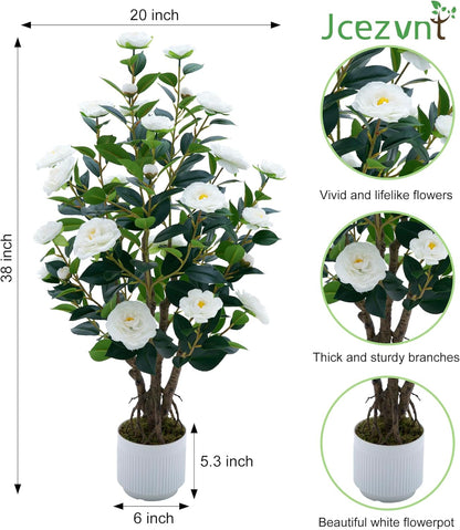 2 Pack Artificial Camellia Tree with White Pot, 38" Faux Potted Plants for Indoor Outdoor Decor, Tall Silk Greenery Plant for Home Offce Living Room Balcony, Pink