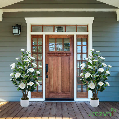 2 Pack Artificial Camellia Tree with White Pot, 38" Faux Potted Plants for Indoor Outdoor Decor, Tall Silk Greenery Plant for Home Offce Living Room Balcony, Pink