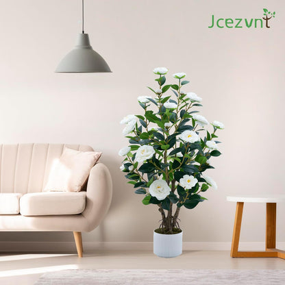 2 Pack Artificial Camellia Tree with White Pot, 38" Faux Potted Plants for Indoor Outdoor Decor, Tall Silk Greenery Plant for Home Offce Living Room Balcony, Pink