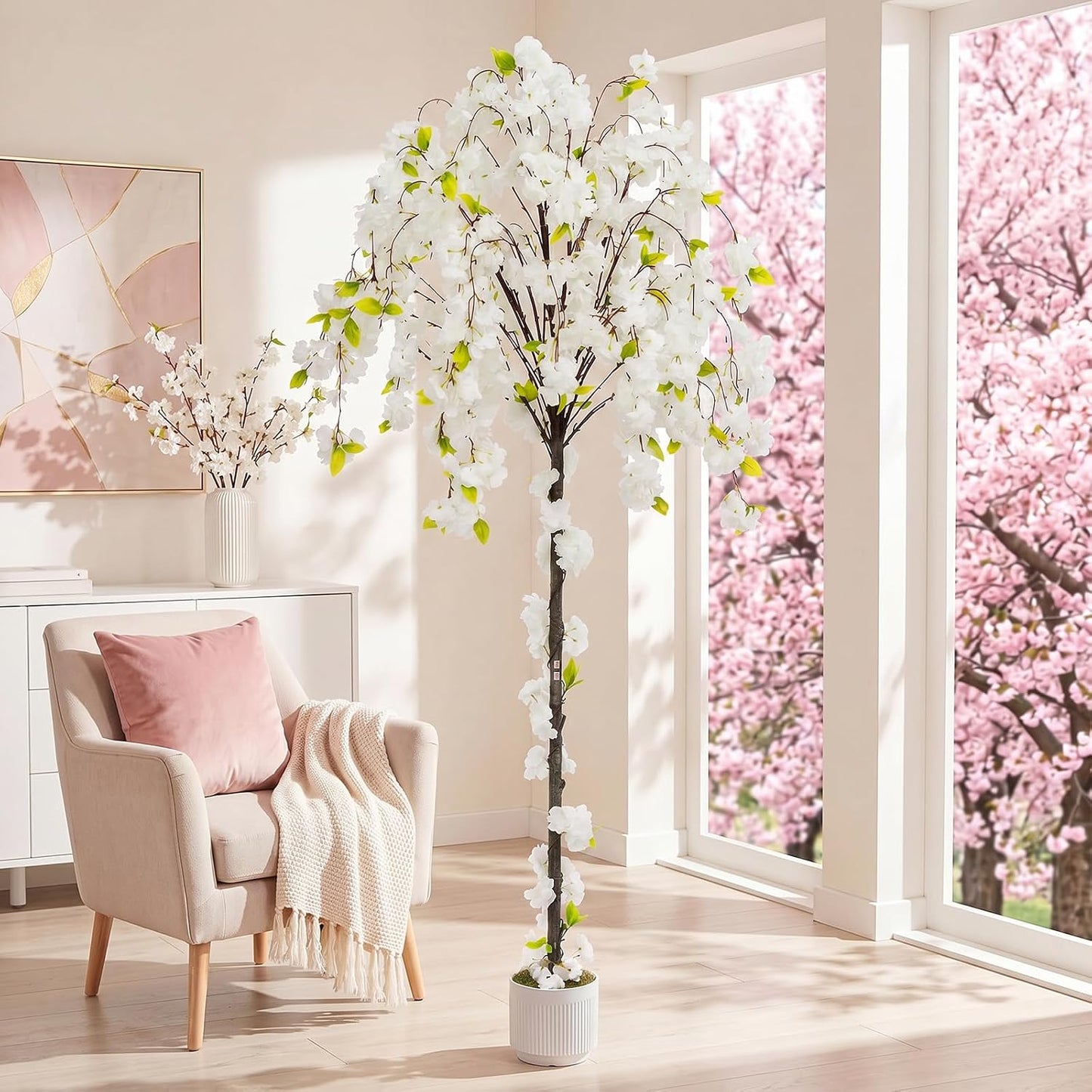 2 Pack Artificial Camellia Tree with White Pot, 38" Faux Potted Plants for Indoor Outdoor Decor, Tall Silk Greenery Plant for Home Offce Living Room Balcony, Pink