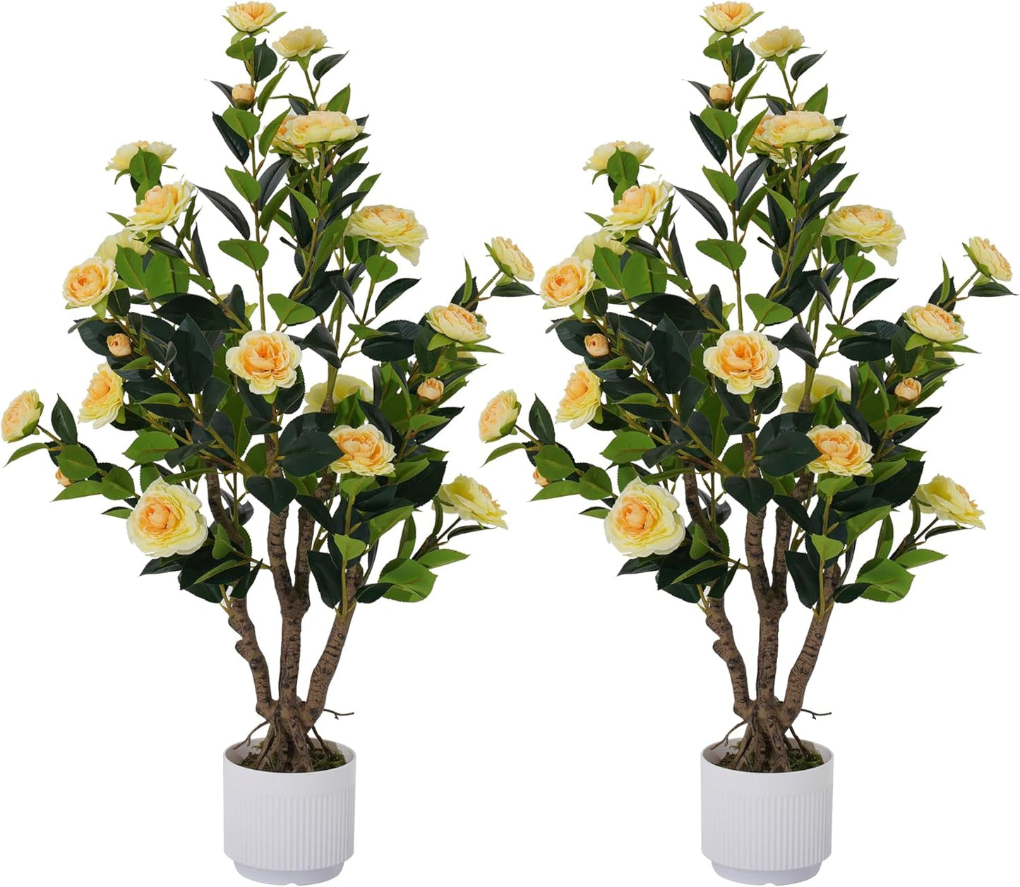 2 Pack Artificial Camellia Tree with White Pot, 38" Faux Potted Plants for Indoor Outdoor Decor, Tall Silk Greenery Plant for Home Offce Living Room Balcony, Pink