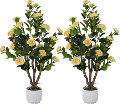 2 Pack Artificial Camellia Tree with White Pot, 38" Faux Potted Plants for Indoor Outdoor Decor, Tall Silk Greenery Plant for Home Offce Living Room Balcony, Pink